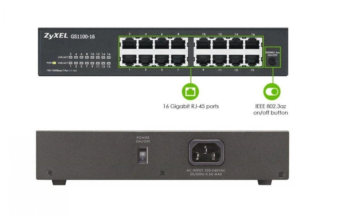 Zyxel GS1100-16 16 Port Gigabit Yönetilemez Switch